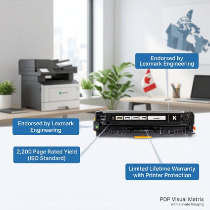 Elevate Imaging HP 305A Black Toner Cartridge specs: 2,200 page yield and Lexmark-endorsed quality.