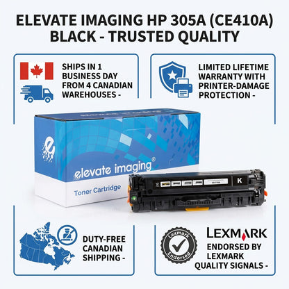 Infographic for Elevate Imaging HP HP 305A toner with Canadian shipping and Lexmark endorsement.