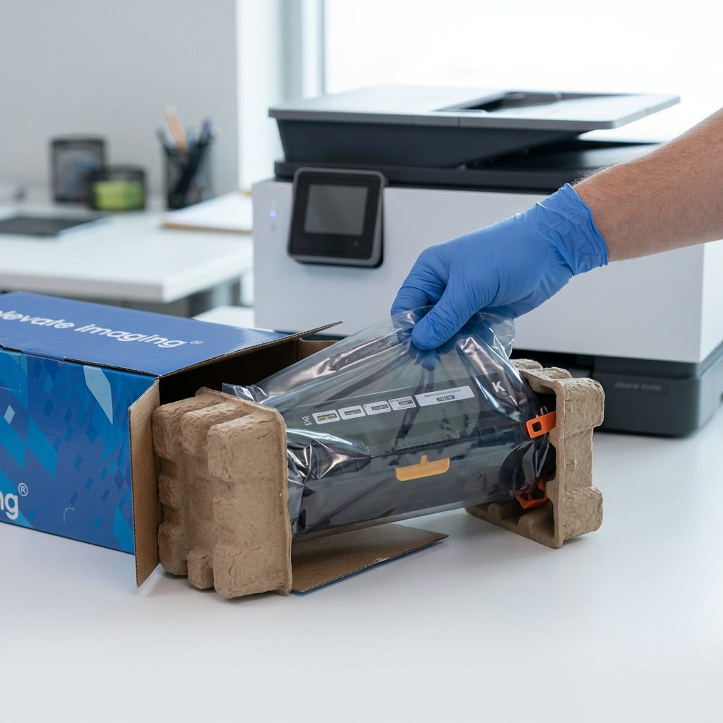 Elevate Imaging HP 305A toner cartridge unboxing showing protective internal packaging and box.