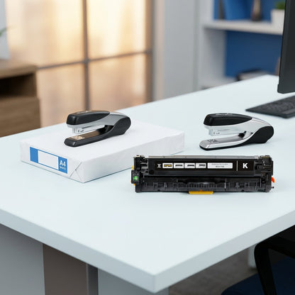 Elevate Imaging HP 305X toner cartridge on an office desk beside a ream of A4 paper for scale.