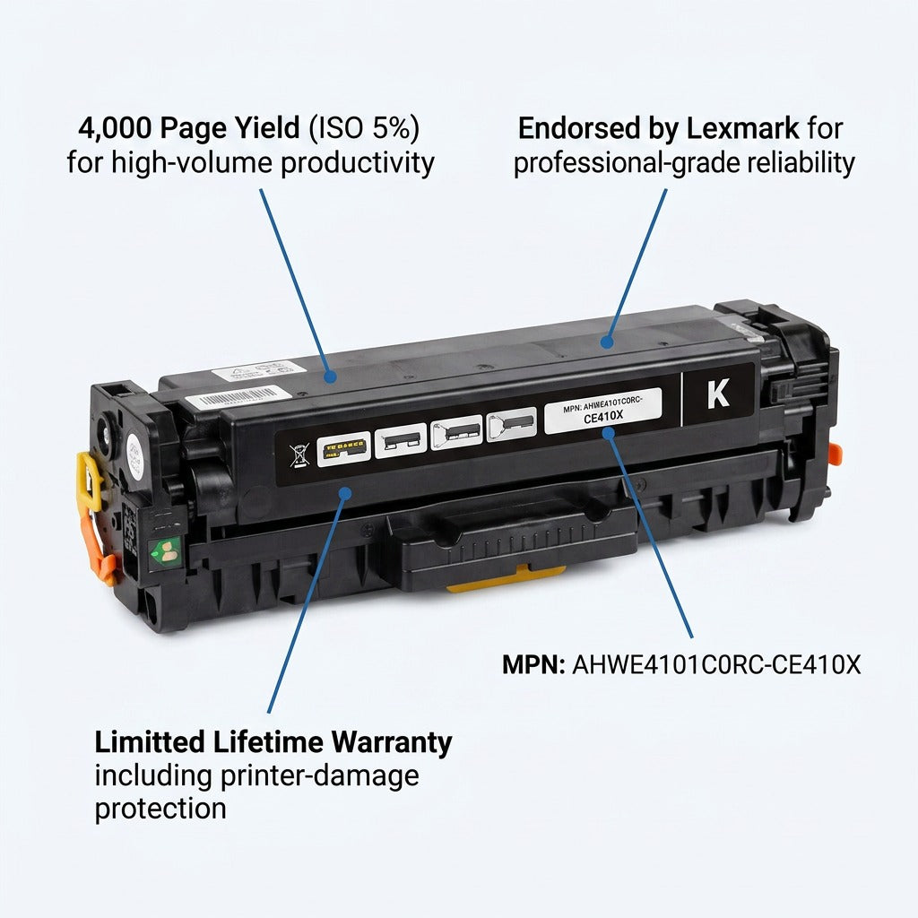 Elevate Imaging CE410X High Yield Black Toner Cartridge with 4,000 page yield and lifetime warranty.