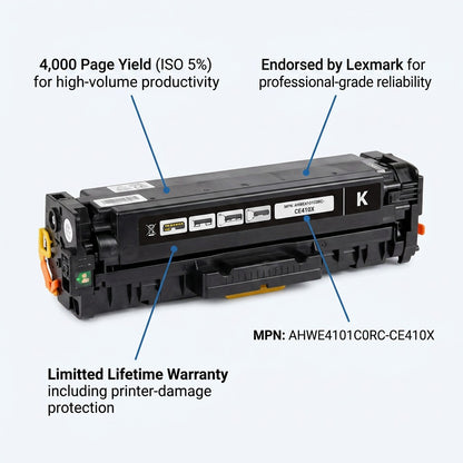 Elevate Imaging CE410X High Yield Black Toner Cartridge with 4,000 page yield and lifetime warranty.