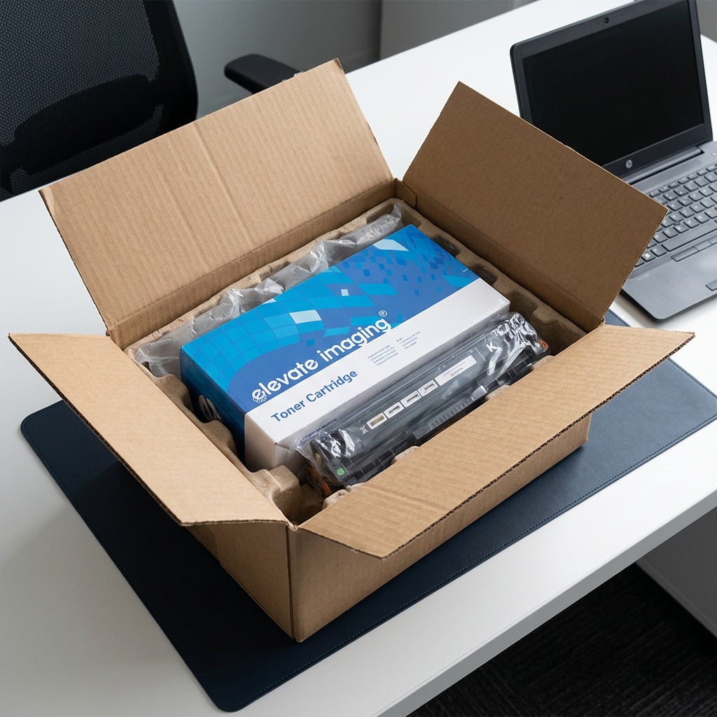 Unboxing of the Elevate Imaging HP 305X Black Toner Cartridge, securely packed with air pillows.