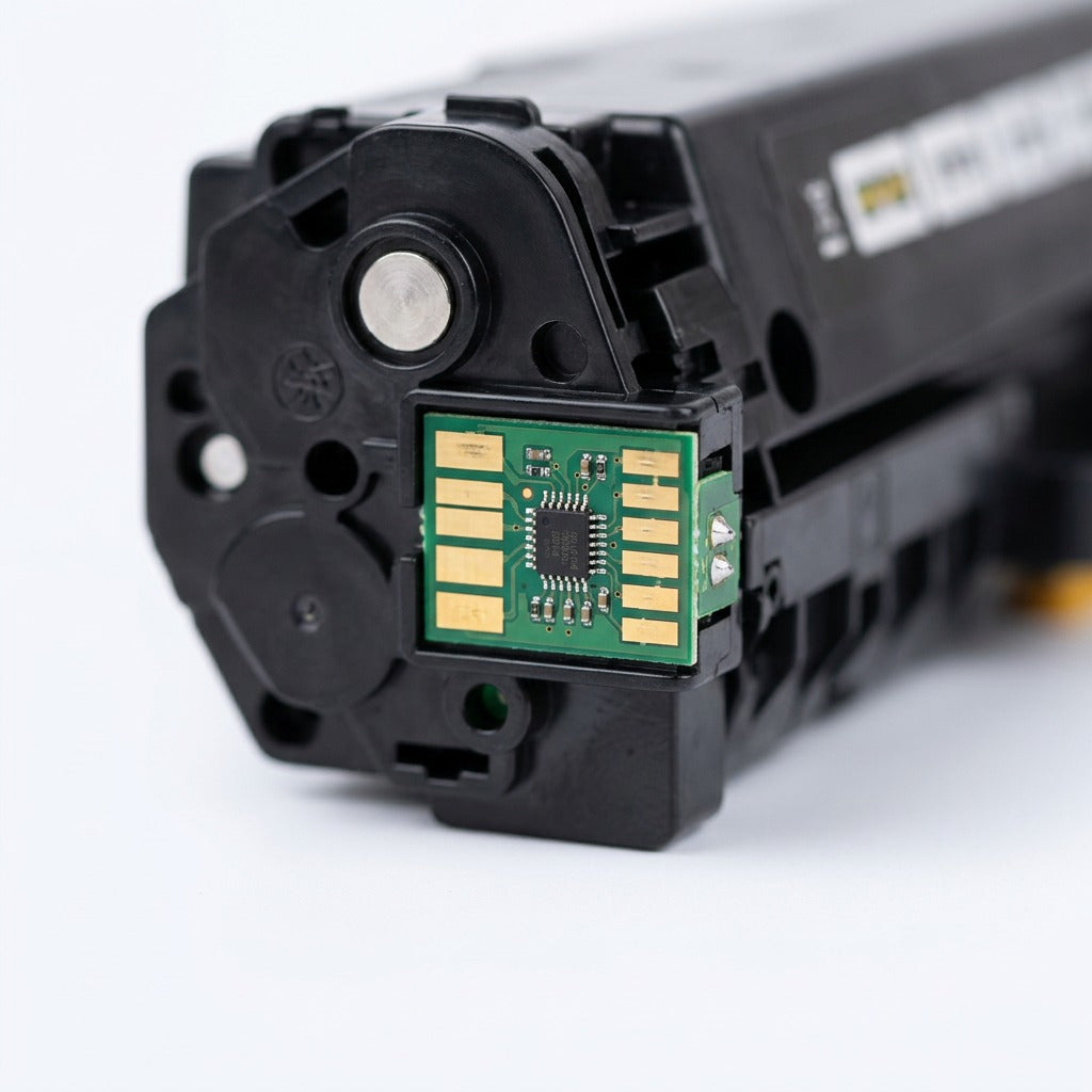 Macro detail of the gold-plated electrical contact chip on an HP 305X (CE410X) toner cartridge.