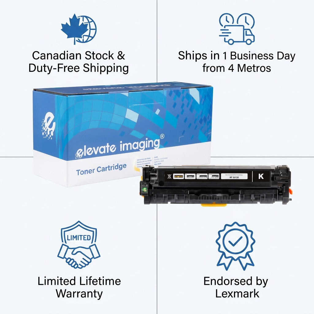 Elevate Imaging HP 305X Black Toner infographic highlighting fast Canadian shipping and warranty.
