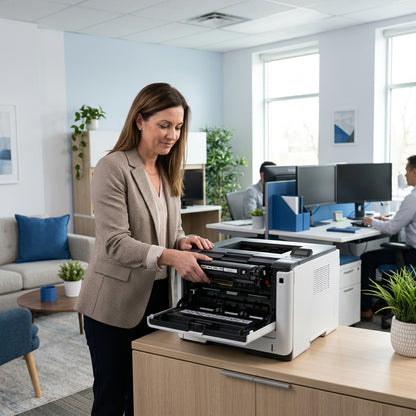 A professional inserts a black toner cartridge into a white laser printer in a modern office.