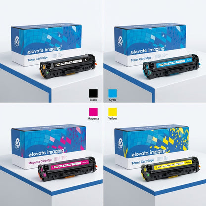 Matrix of Elevate Imaging remanufactured HP 305X toner cartridges in black, cyan, magenta, and yellow.