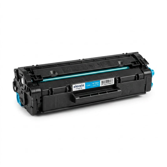 Elevate Imaging remanufactured cyan toner cartridge for HP 305A CE411A printers on white background.