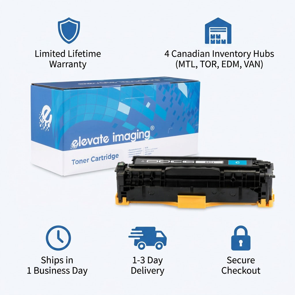 Elevate Imaging cyan toner cartridge for HP 305A with trust icons for warranty and fast shipping.