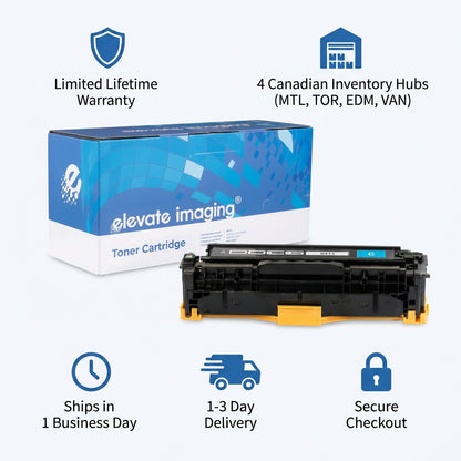 Elevate Imaging cyan toner cartridge for HP 305A with trust icons for warranty and fast shipping.