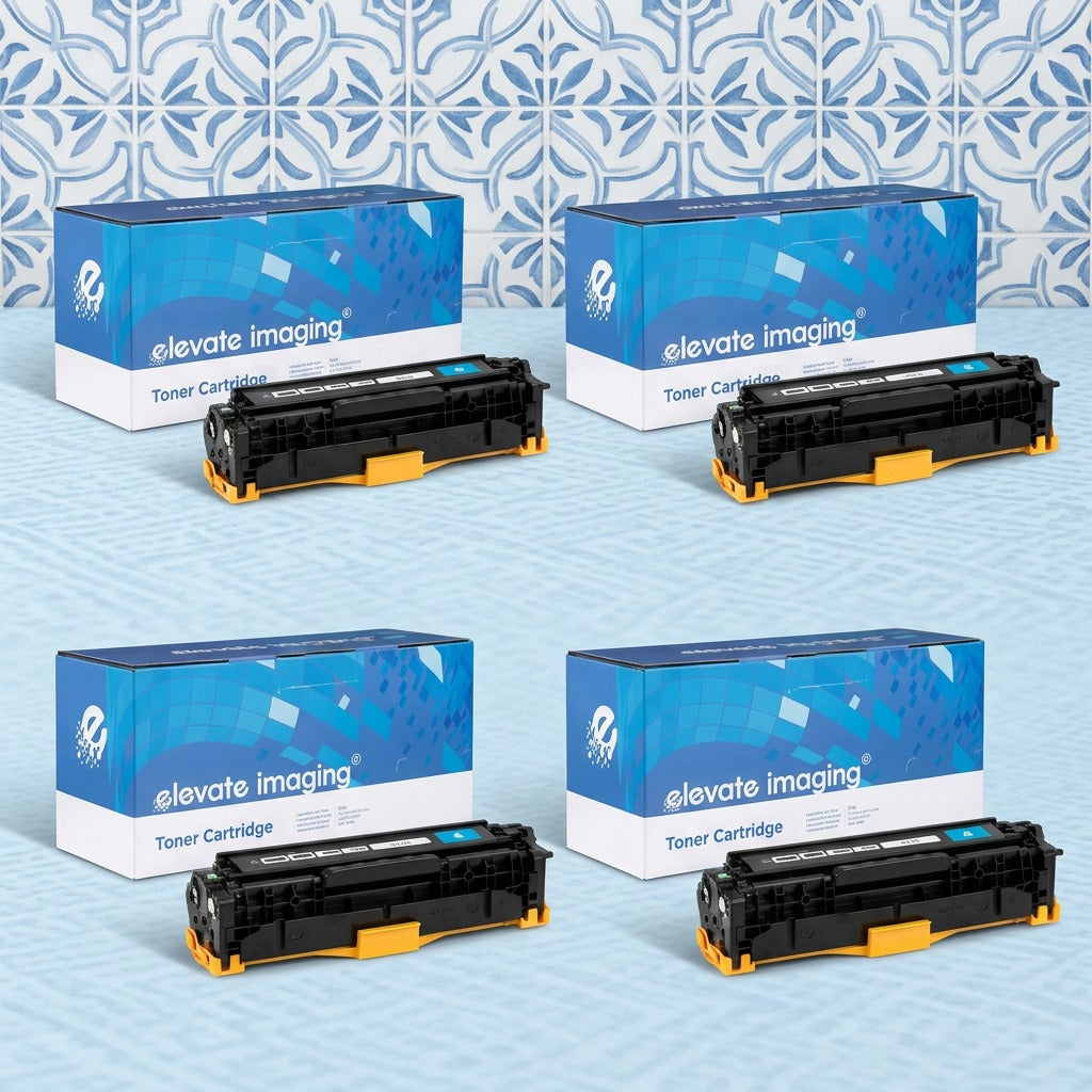 A matrix grid of four Elevate Imaging HP 305A toner cartridges, each with its blue retail box.