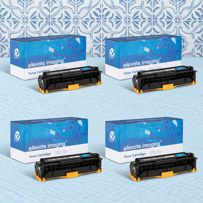 A matrix grid of four Elevate Imaging HP 305A toner cartridges, each with its blue retail box.