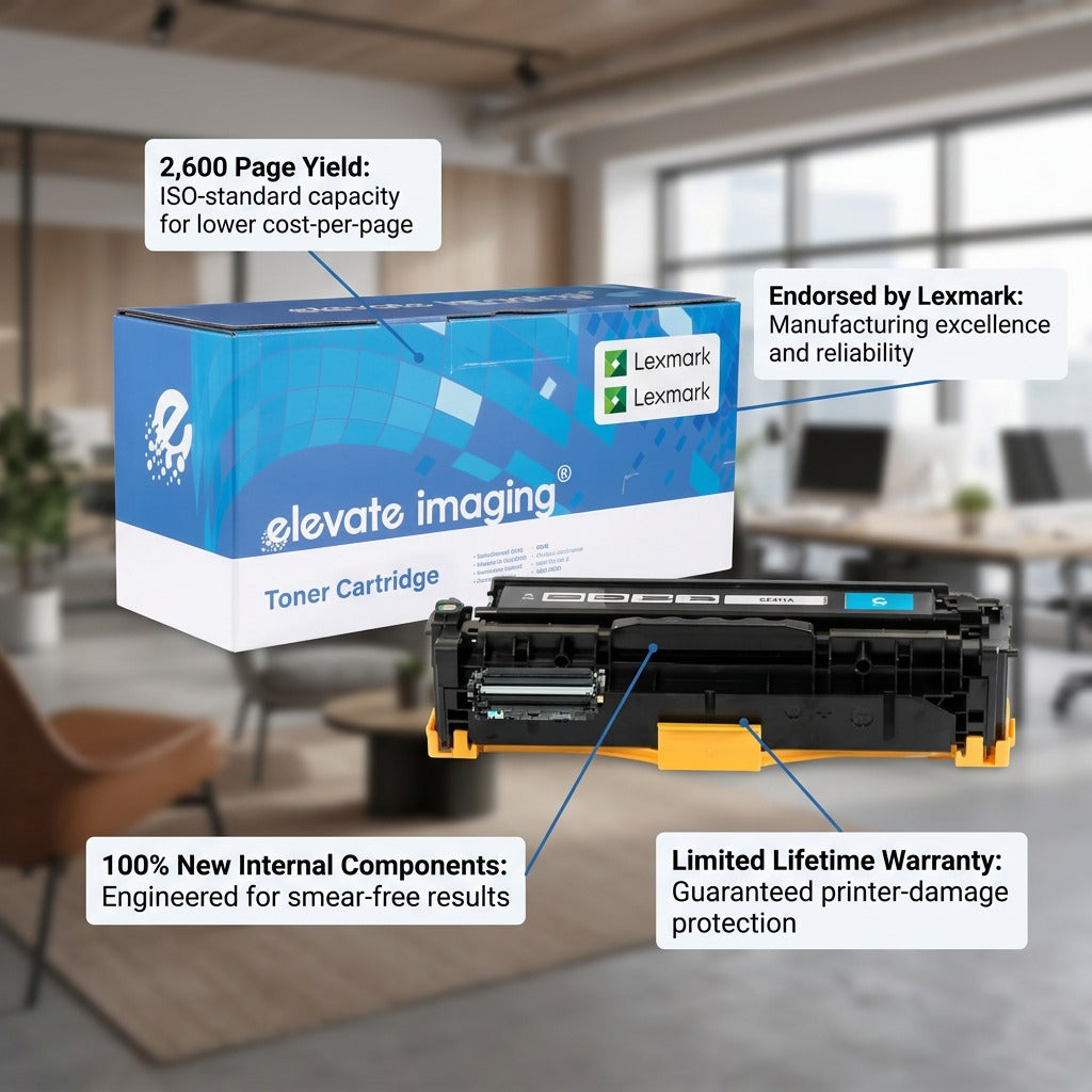 Elevate Imaging cyan toner cartridge for HP 305A highlighting 2,600 page yield and Lexmark quality.