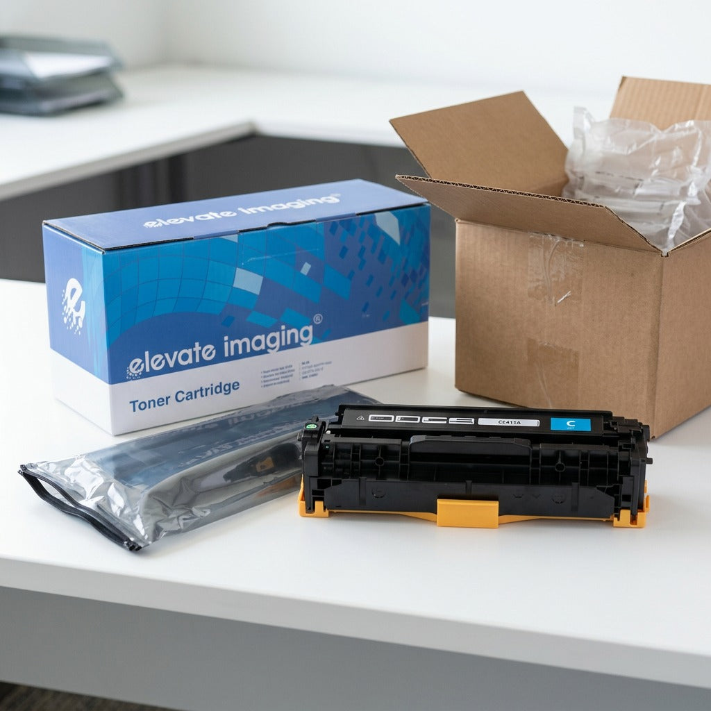 A cyan HP 305A (CE411A) toner cartridge next to open packaging and an Elevate Imaging product box.