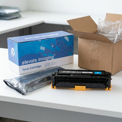 A cyan HP 305A (CE411A) toner cartridge next to open packaging and an Elevate Imaging product box.