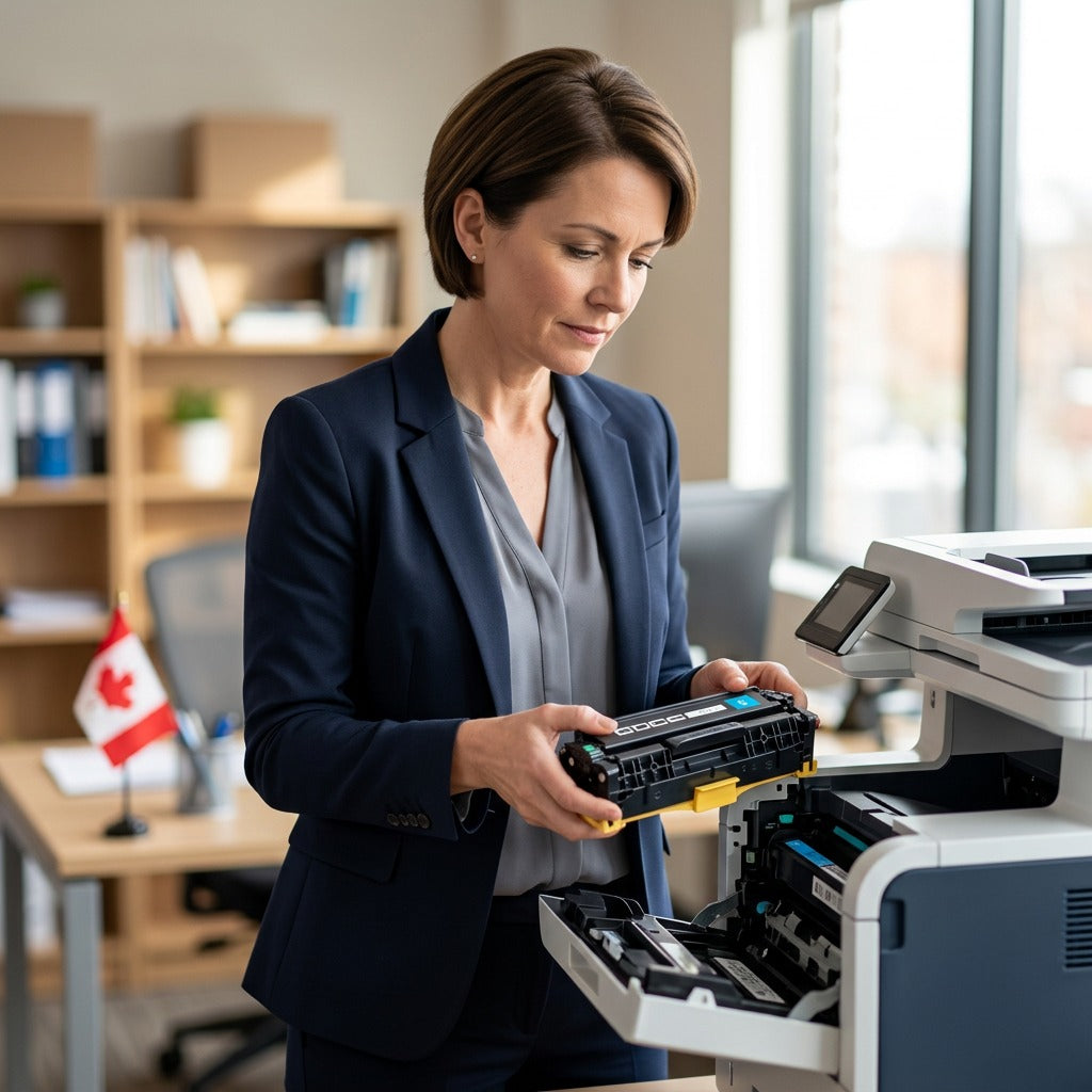 Office professional installing an HP 305A CE411A Cyan Toner cartridge into a laser printer.