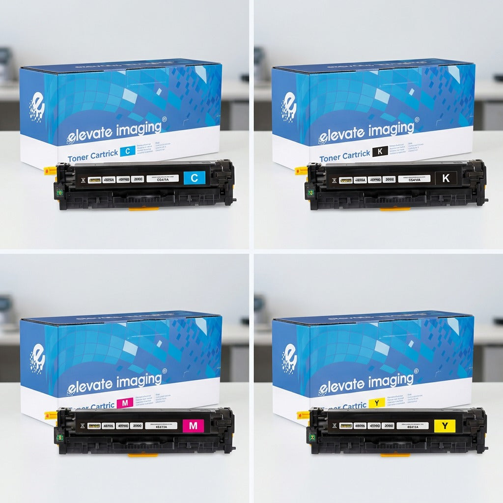 A 2x2 grid featuring Elevate Imaging remanufactured HP 305A toner cartridges in Cyan, Black, Magenta, and Yellow.