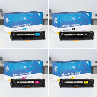 A 2x2 grid featuring Elevate Imaging remanufactured HP 305A toner cartridges in Cyan, Black, Magenta, and Yellow.