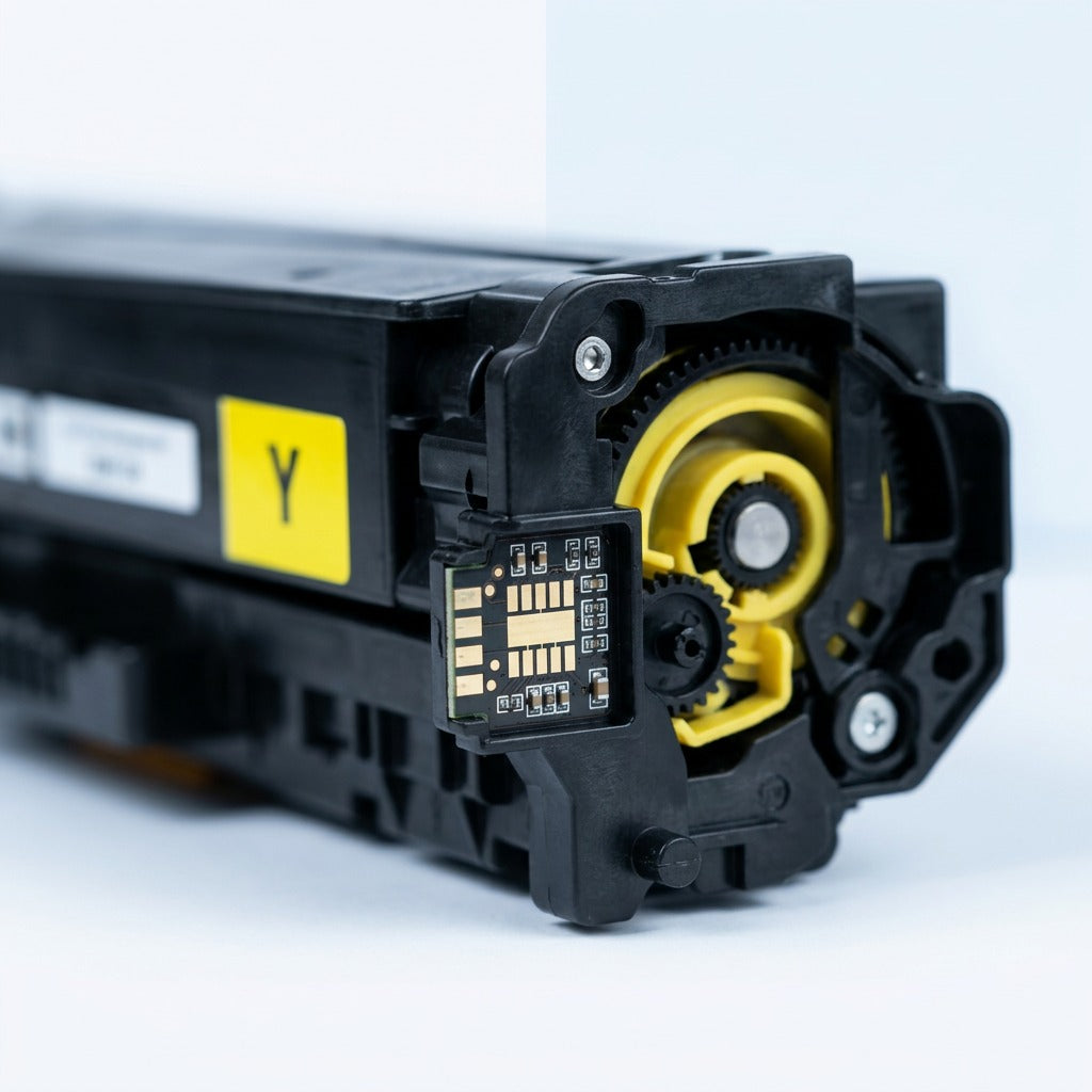 Macro detail of the gold electrical contact chip and gears on an Elevate Imaging HP 305A toner.