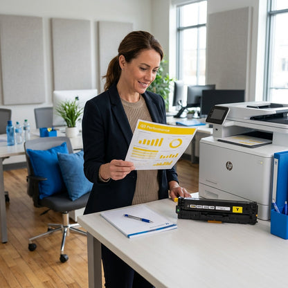 Office worker reviewing yellow charts next to an HP 305A CE412A remanufactured toner cartridge.
