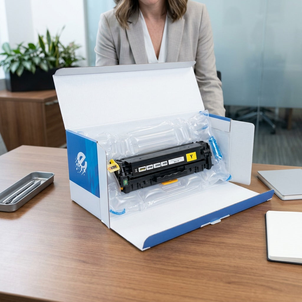A remanufactured HP 305A yellow toner cartridge being unboxed on a desk, protected by air padding.