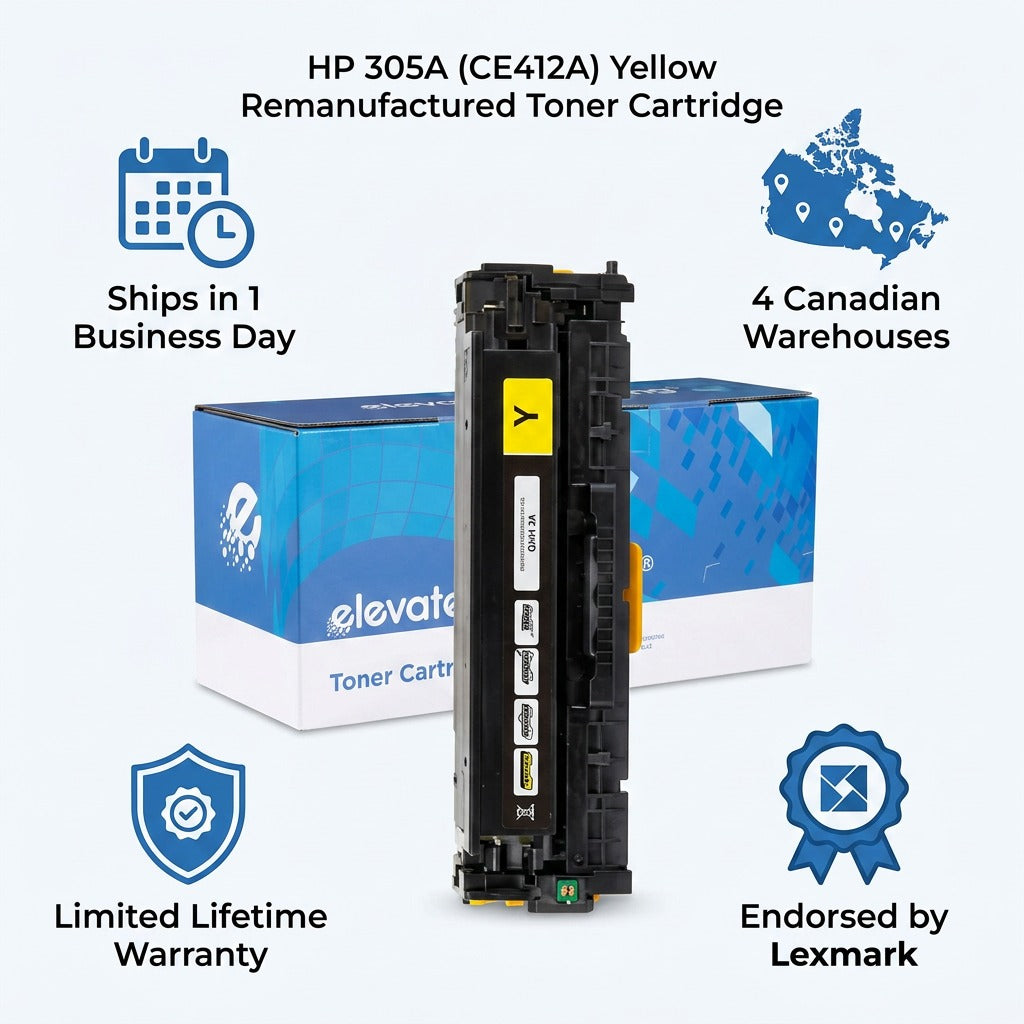 Elevate Imaging HP 305A yellow remanufactured toner infographic showing warranty and fast shipping.