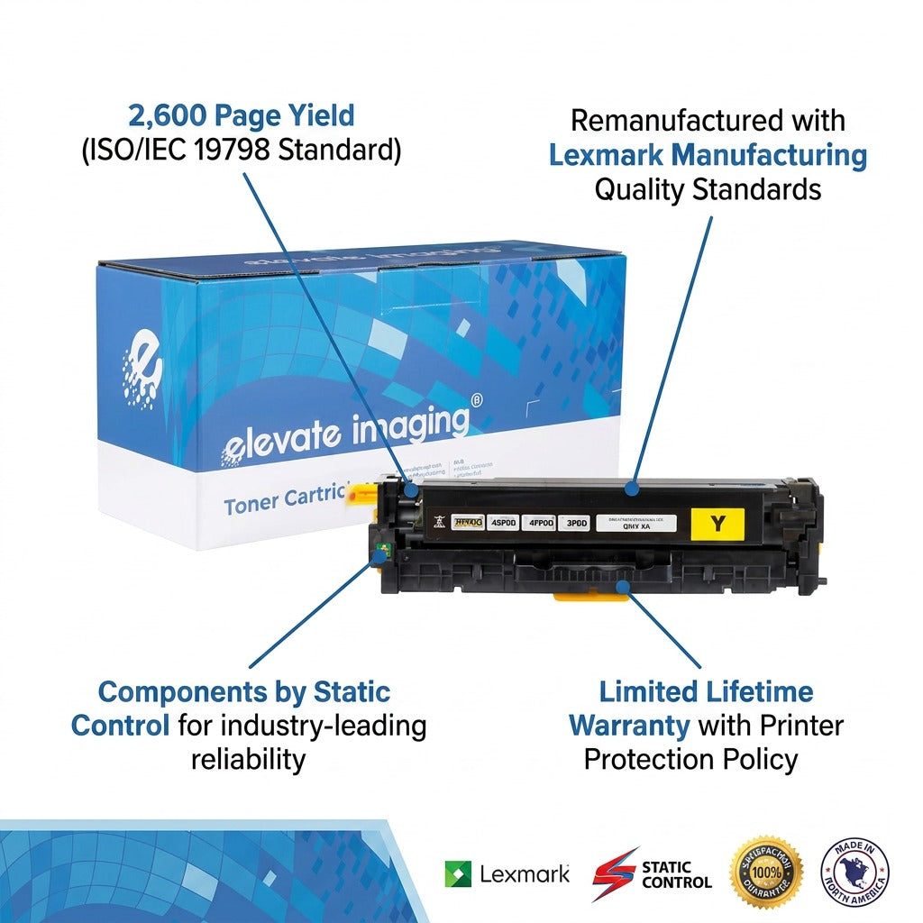 Elevate Imaging yellow toner cartridge for HP 305A with 2,600 yield and lifetime warranty callouts.