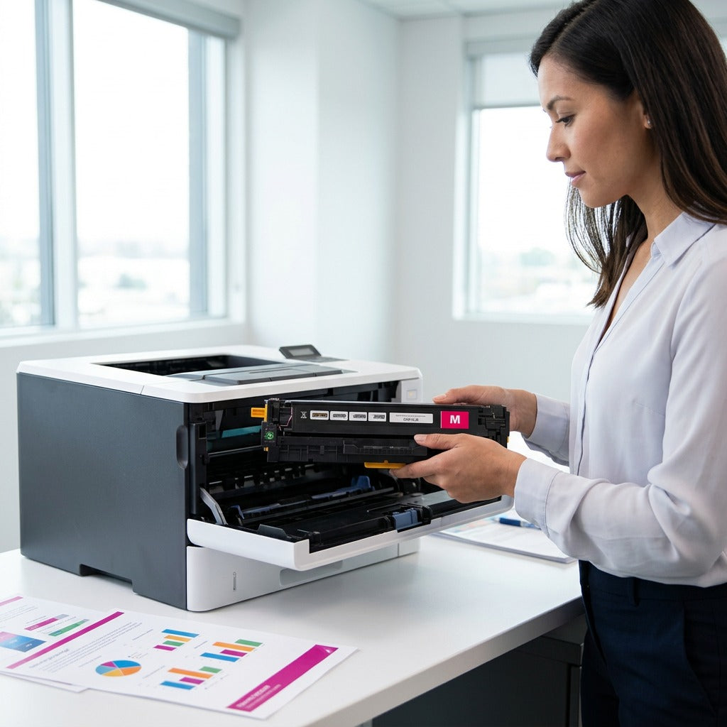 Office professional installing a magenta HP 305A toner cartridge into a modern laser printer.