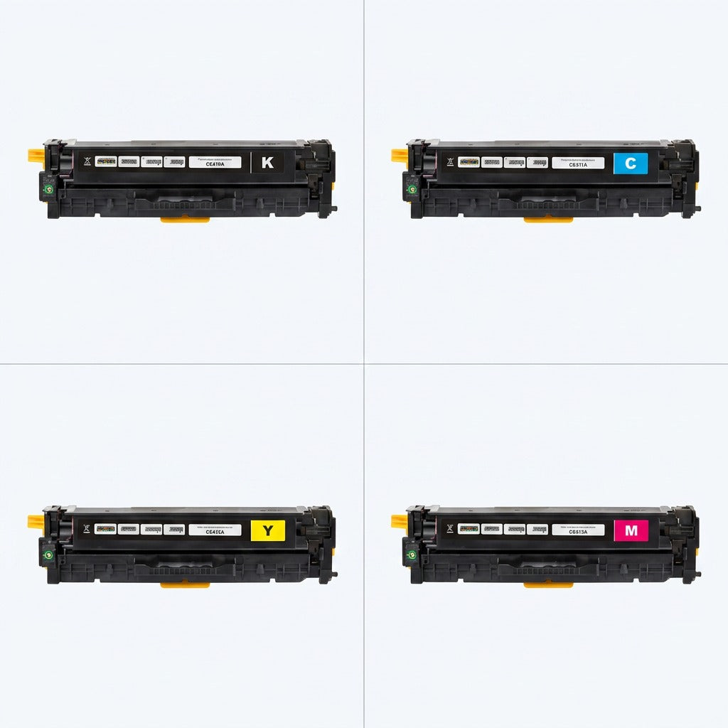 Matrix grid showing Elevate Imaging HP 305A toner cartridges in black, cyan, yellow, and magenta.