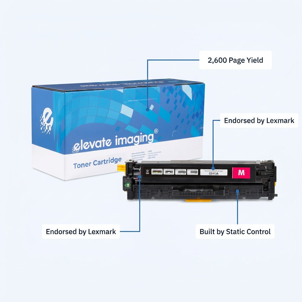HP 305A Magenta Remanufactured Toner Cartridge featuring a 2,600 page yield and Lexmark endorsement.
