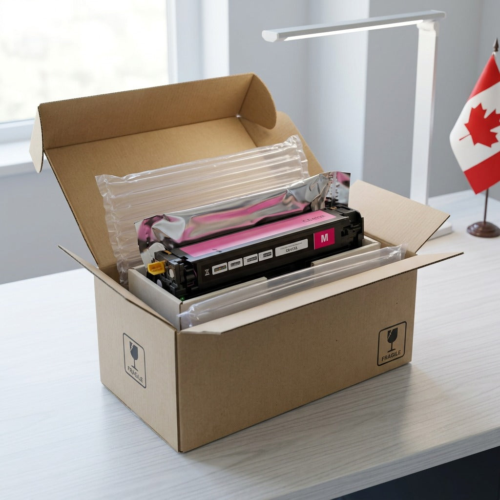 Unboxing of the Magenta HP 305A toner cartridge in protective air-cushion packaging on a desk.