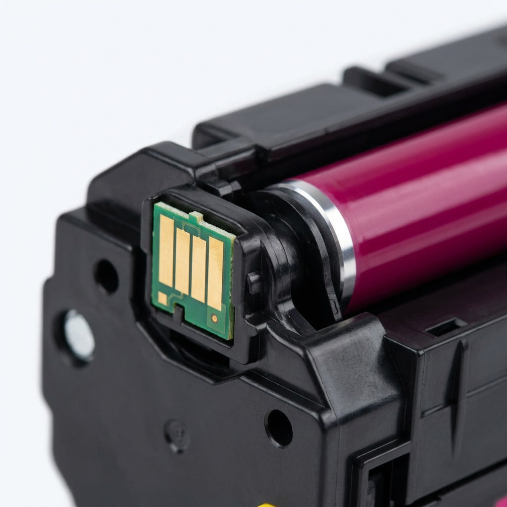 Macro detail of the gold-plated smart chip and magenta developer roller on an HP 305A toner cartridge.