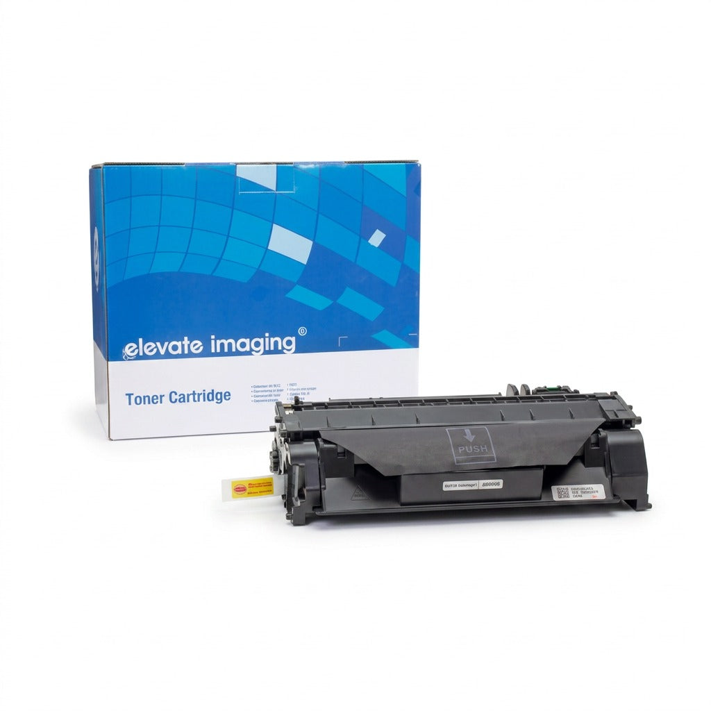 Elevate Imaging black toner cartridge compatible with HP 05A (CE505A) beside its blue retail box.