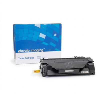Elevate Imaging black toner cartridge compatible with HP 05A (CE505A) beside its blue retail box.