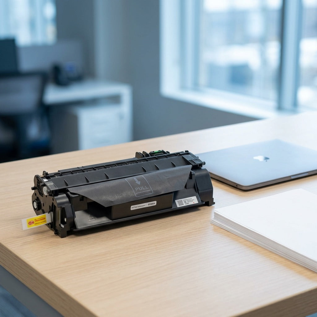 Elevate Imaging laser toner cartridge for HP 05A (CE505A) on a desk with a laptop for scale.