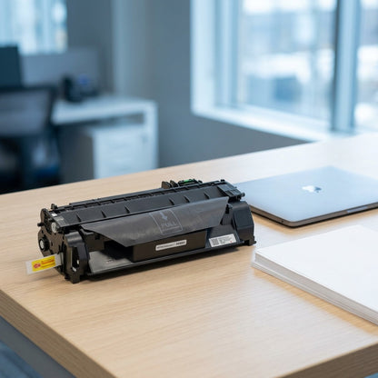 Elevate Imaging laser toner cartridge for HP 05A (CE505A) on a desk with a laptop for scale.