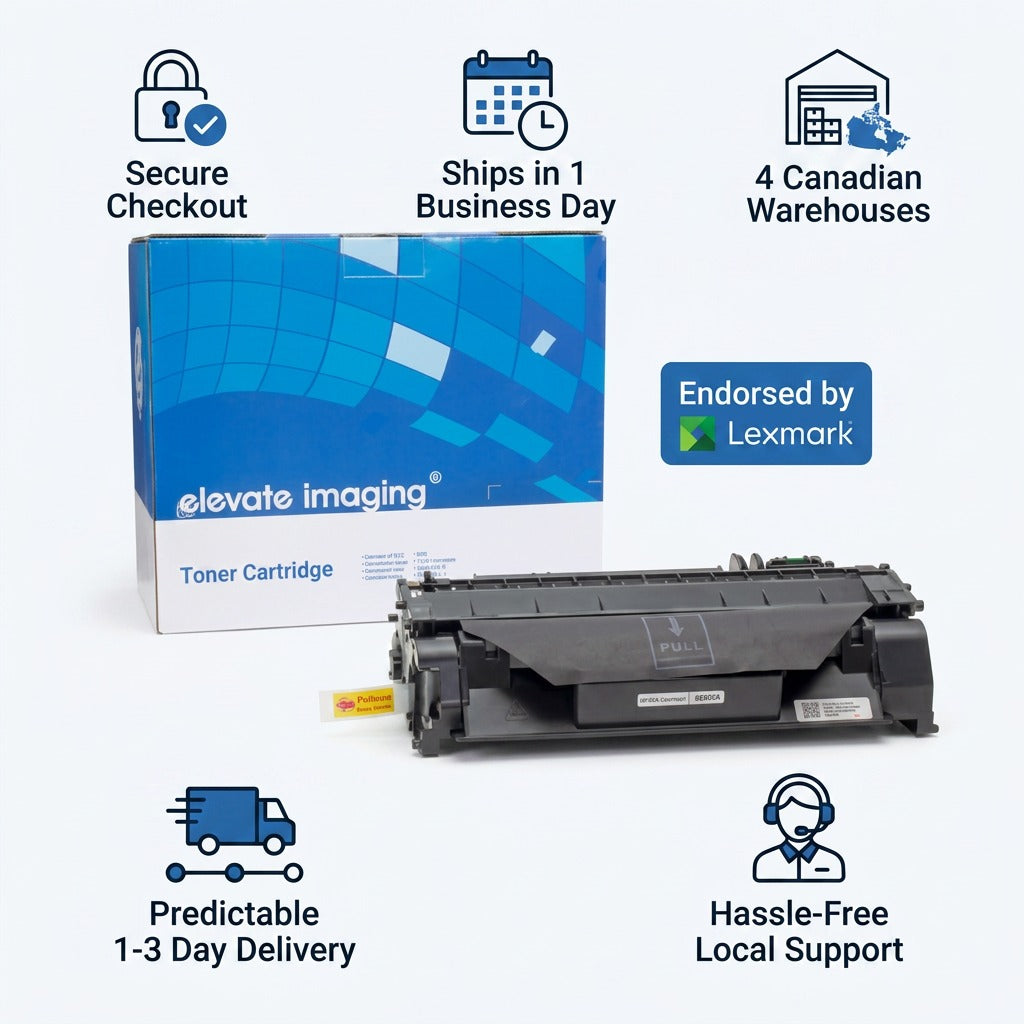 HP 05A (CE505A) black toner infographic with service icons, 1-3 day delivery, and Lexmark endorsement.