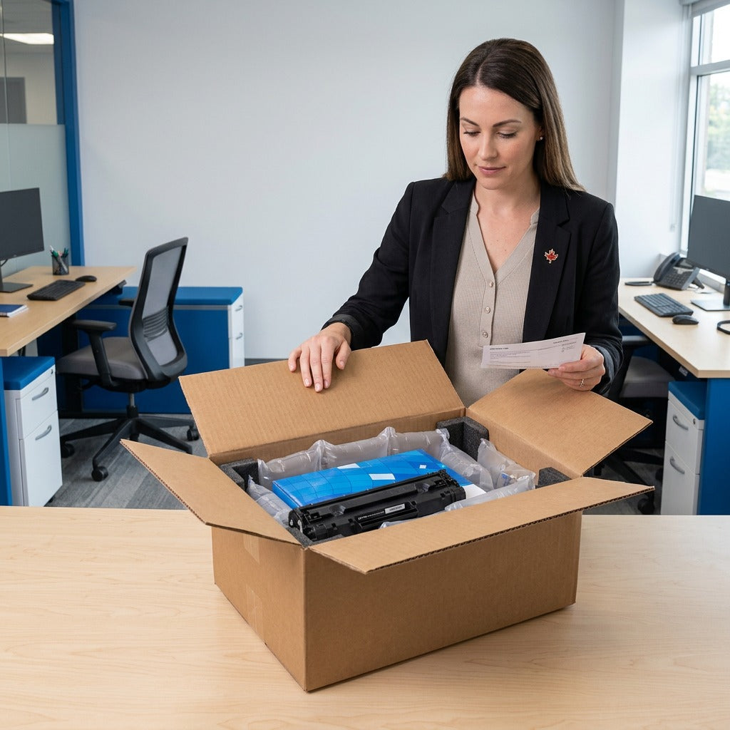 A professional unboxing an HP 05A (CE505A) toner cartridge featuring secure air-cushioned packaging.