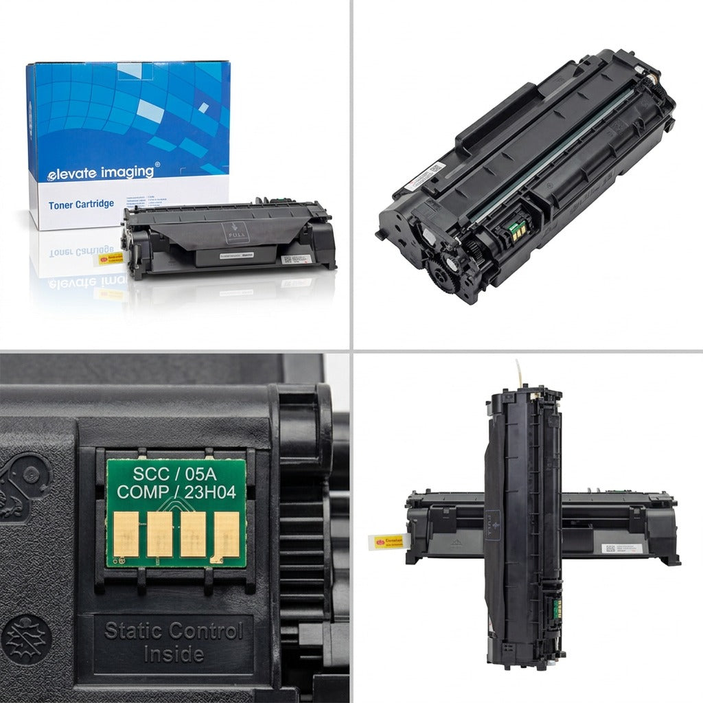 Product matrix of Elevate Imaging HP 05A (CE505A) black toner, showing packaging and build details.
