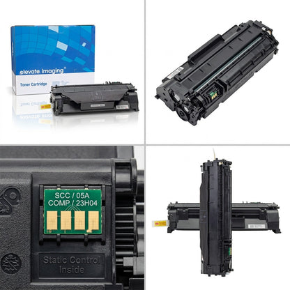 Product matrix of Elevate Imaging HP 05A (CE505A) black toner, showing packaging and build details.