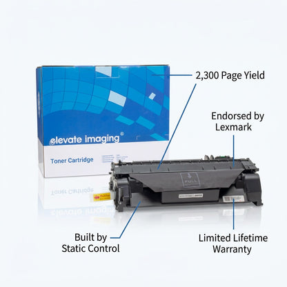 Elevate Imaging HP 05A toner with callouts for 2,300 page yield and limited lifetime warranty.