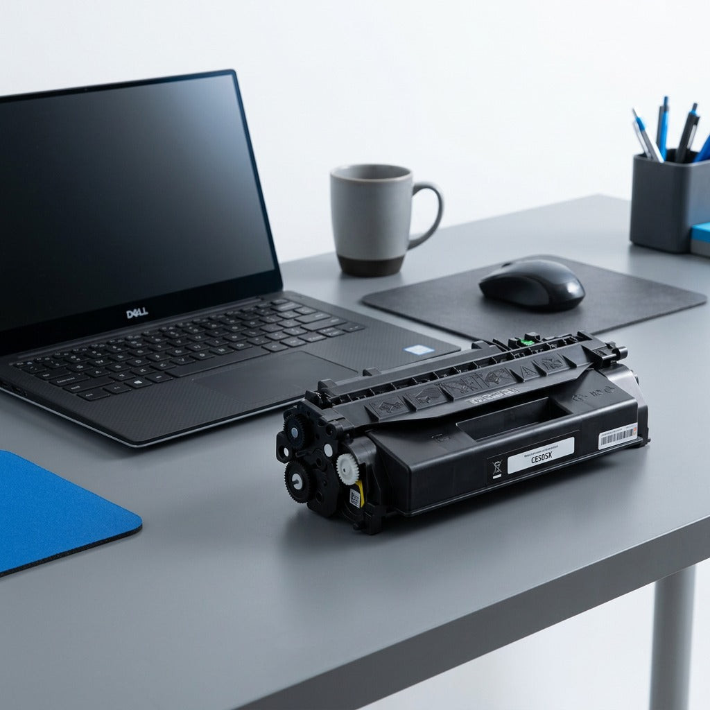 A black HP 05X CE505X toner cartridge on an office desk next to a laptop for size reference.