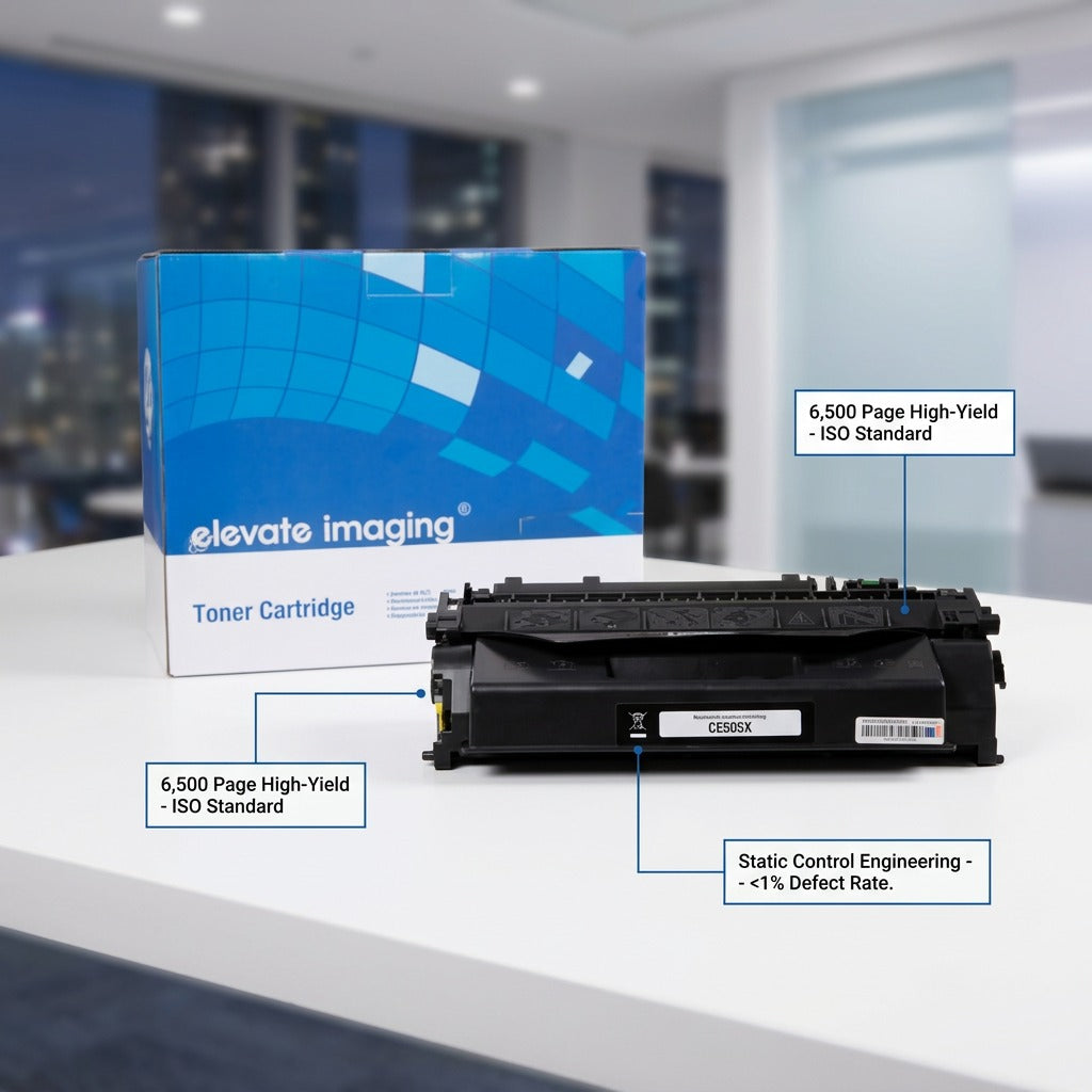 Elevate Imaging CE505X high yield toner cartridge with 6,500 page ISO standard callouts.