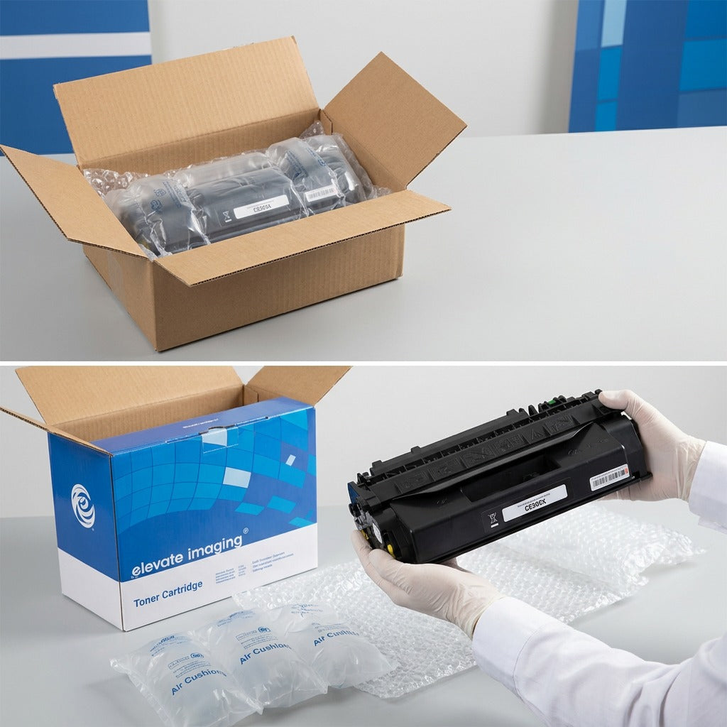 Elevate Imaging HP 05X compatible toner cartridge shown unboxed with secure air cushion packaging.
