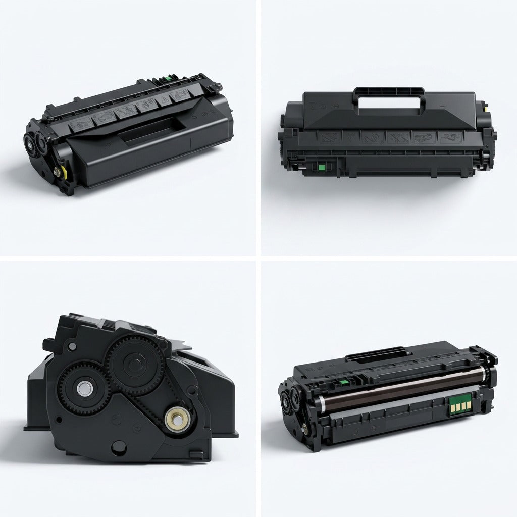 Four-grid view of a black HP 05X CE505X compatible toner cartridge showing gears, handle, and roller.