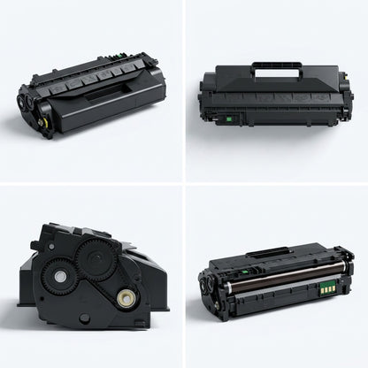 Four-grid view of a black HP 05X CE505X compatible toner cartridge showing gears, handle, and roller.