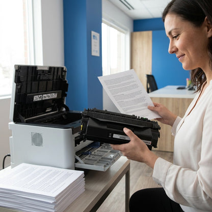 Office manager holds an HP 05X CE505X toner cartridge and printed page by a laser printer.