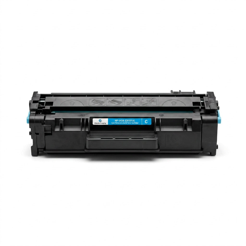 Elevate Imaging HP 643A (CF031A) Cyan Remanufactured Toner Cartridge on a white background.