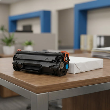 HP 643A (CF031A) cyan toner cartridge shown for scale next to a white ream of paper on a desk.