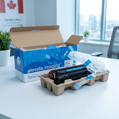 Unboxing an Elevate Imaging HP 643A CF031A Cyan Toner showing secure protective packaging.